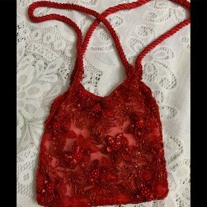 Red chiffon beaded evening bag